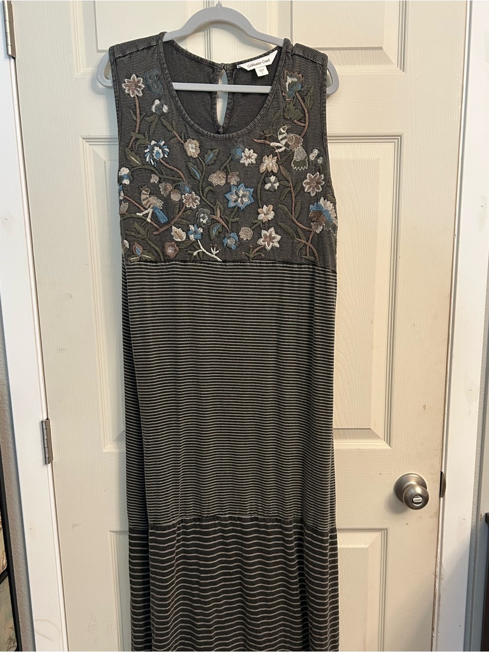 Coldwater Creek Gray Striped Maxi dress with Blue & Tan Floral Embroidery